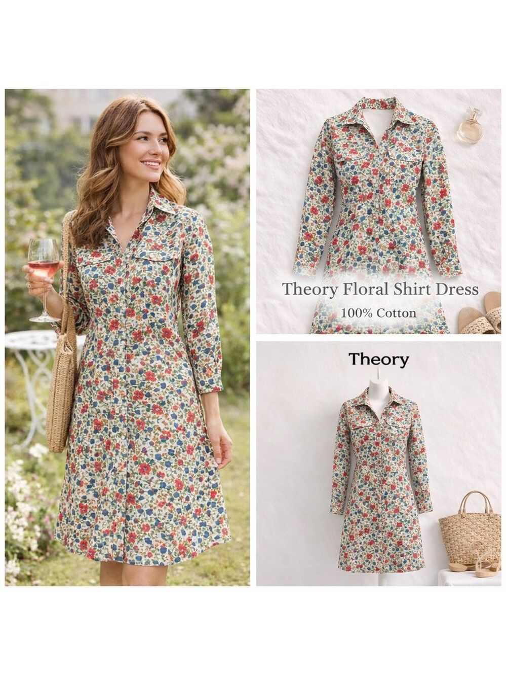 Theory 100% Cotton Floral Shirt Dress Botanical Print Button Front Size 0